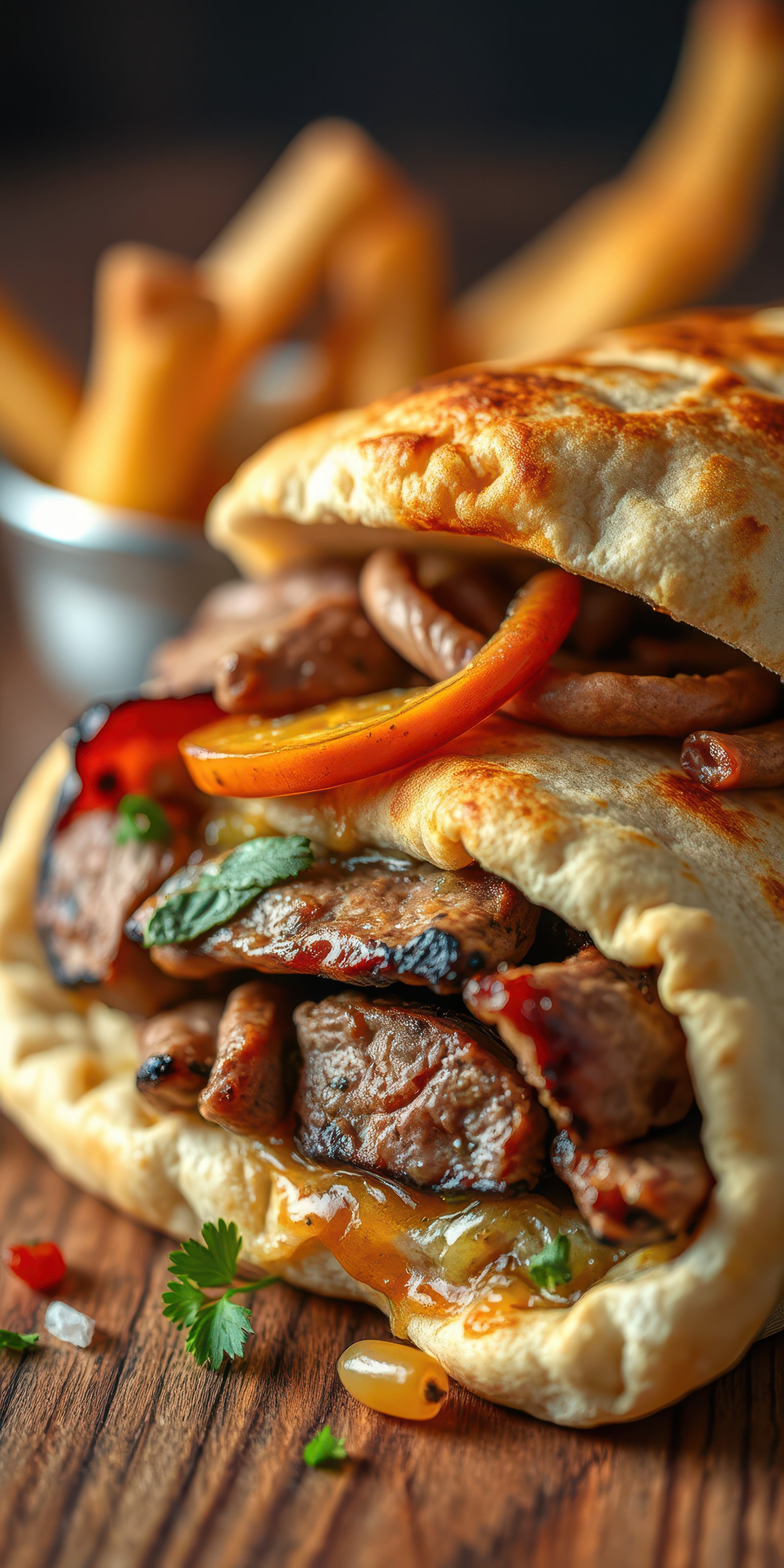 Sizzling grilled meat and vegetables wrapped in warm flatbread with golden fries on a wooden table